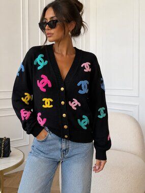 Black Multicolor Logo Embroidered Cardigan Gold Buttons Oversized Knit Sweater